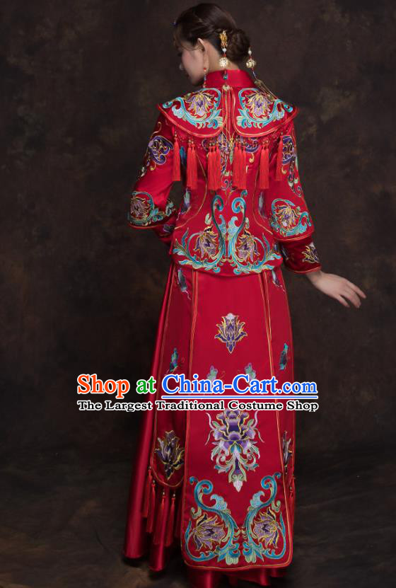 Chinese Ancient Wedding Embroidered Lotus Red Blouse and Dress Traditional Bride Xiu He Suit Costumes for Women