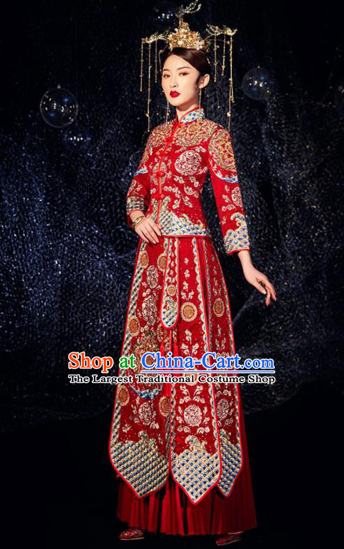 Chinese Ancient Wedding Embroidered Drilling Flowers Red Blouse and Dress Traditional Bride Xiu He Suit Costumes for Women
