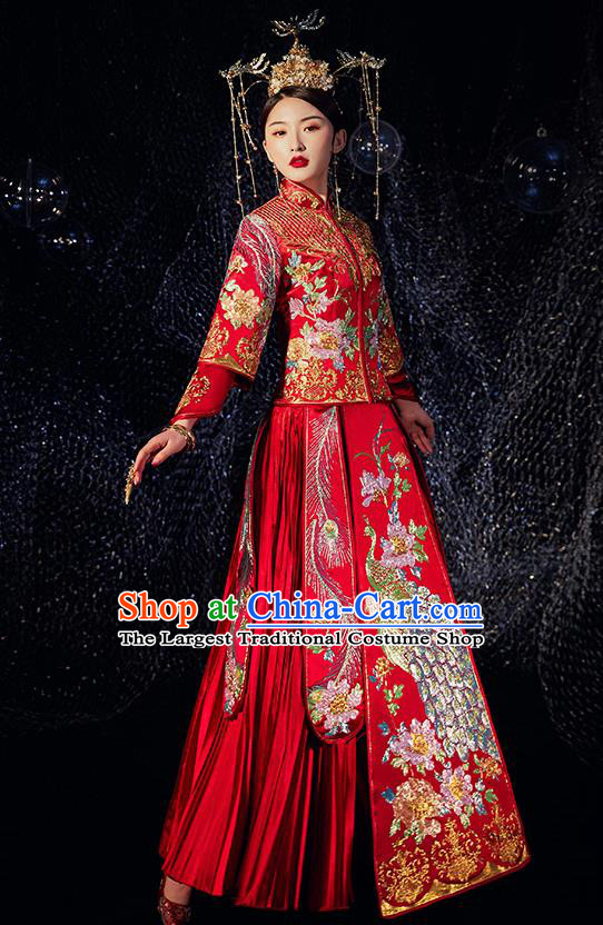 Chinese Ancient Wedding Embroidered Drilling Peacock Peony Red Blouse and Dress Traditional Bride Xiu He Suit Costumes for Women