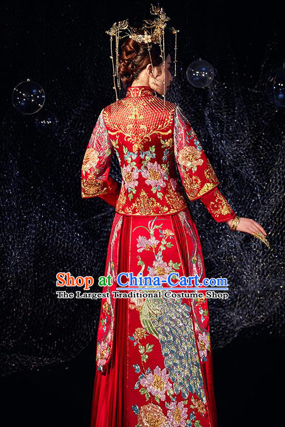 Chinese Ancient Wedding Embroidered Drilling Peacock Peony Red Blouse and Dress Traditional Bride Xiu He Suit Costumes for Women