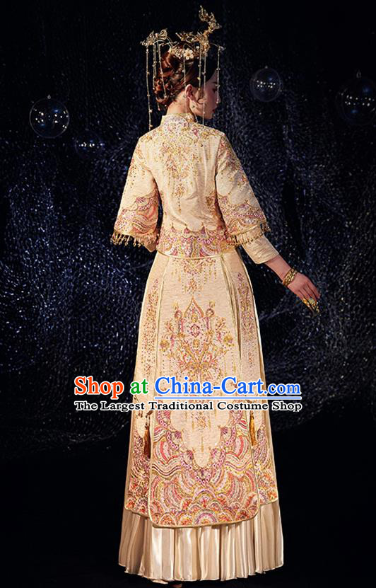 Chinese Ancient Wedding Embroidered Diamante Golden Blouse and Dress Traditional Bride Xiu He Suit Costumes for Women