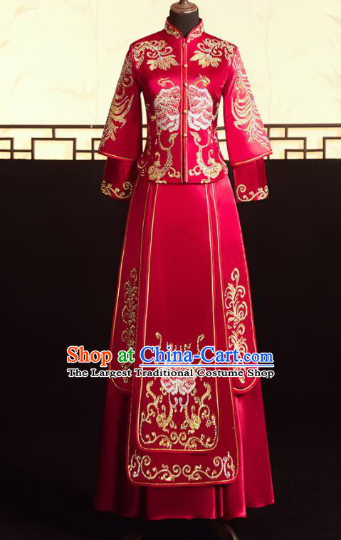 Chinese Ancient Bride Embroidered Peony Blouse and Dress Diamante Xiu He Suit Wedding Costumes Traditional Red Bottom Drawer for Women