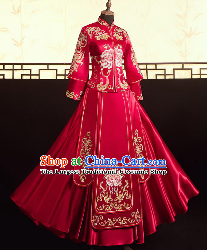 Chinese Ancient Bride Embroidered Peony Blouse and Dress Diamante Xiu He Suit Wedding Costumes Traditional Red Bottom Drawer for Women