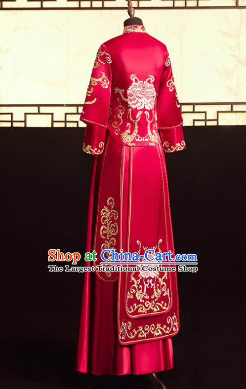 Chinese Ancient Bride Embroidered Peony Blouse and Dress Diamante Xiu He Suit Wedding Costumes Traditional Red Bottom Drawer for Women