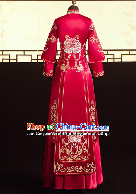 Chinese Ancient Bride Embroidered Peony Blouse and Dress Diamante Xiu He Suit Wedding Costumes Traditional Red Bottom Drawer for Women