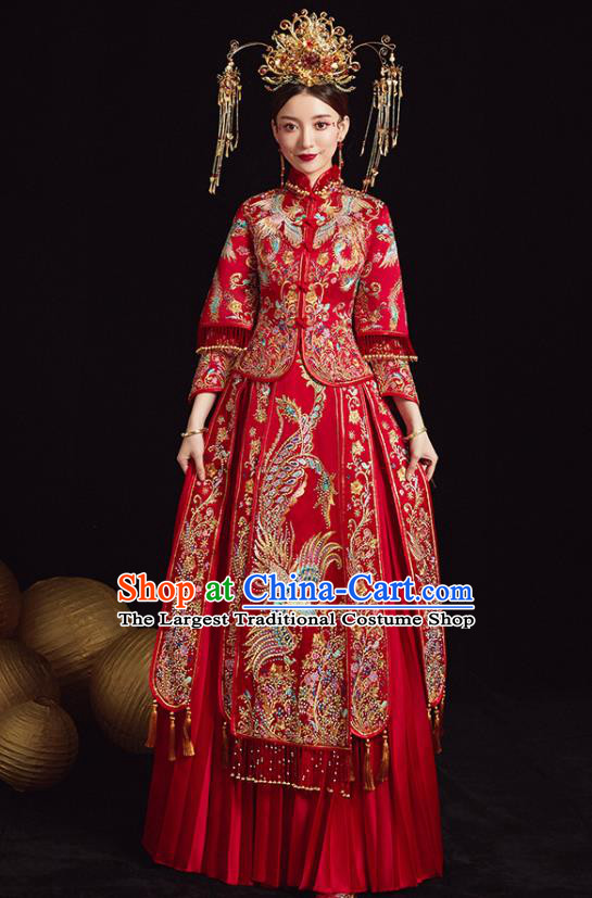 Chinese Ancient Bride Embroidered Phoenix Blouse and Dress Diamante Xiu He Suit Wedding Costumes Traditional Red Bottom Drawer for Women