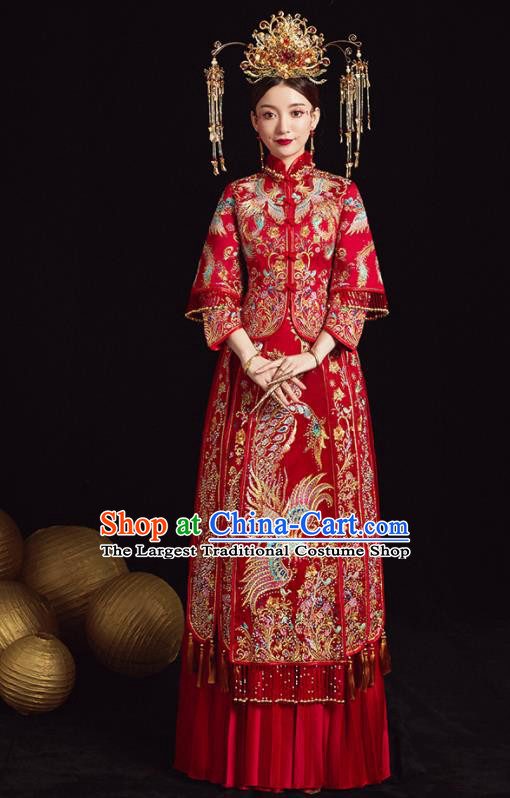 Chinese Ancient Bride Embroidered Phoenix Blouse and Dress Diamante Xiu He Suit Wedding Costumes Traditional Red Bottom Drawer for Women