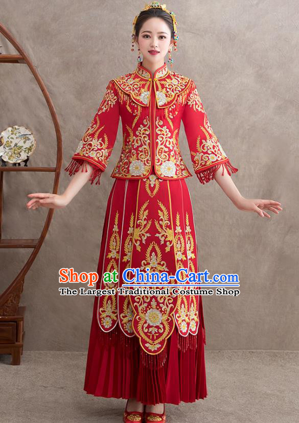 Chinese Ancient Bride Embroidered Blouse and Dress Xiu He Suit Wedding Costumes Traditional Red Bottom Drawer for Women