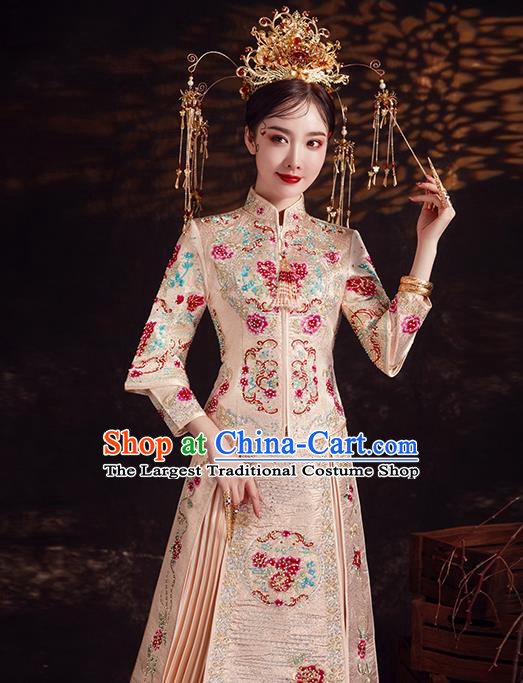 Chinese Ancient Bride Embroidered Diamante Peony Champagne Xiu He Suit Wedding Costumes Blouse and Dress Traditional Bottom Drawer for Women