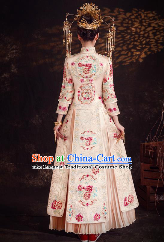 Chinese Ancient Bride Embroidered Diamante Peony Champagne Xiu He Suit Wedding Costumes Blouse and Dress Traditional Bottom Drawer for Women