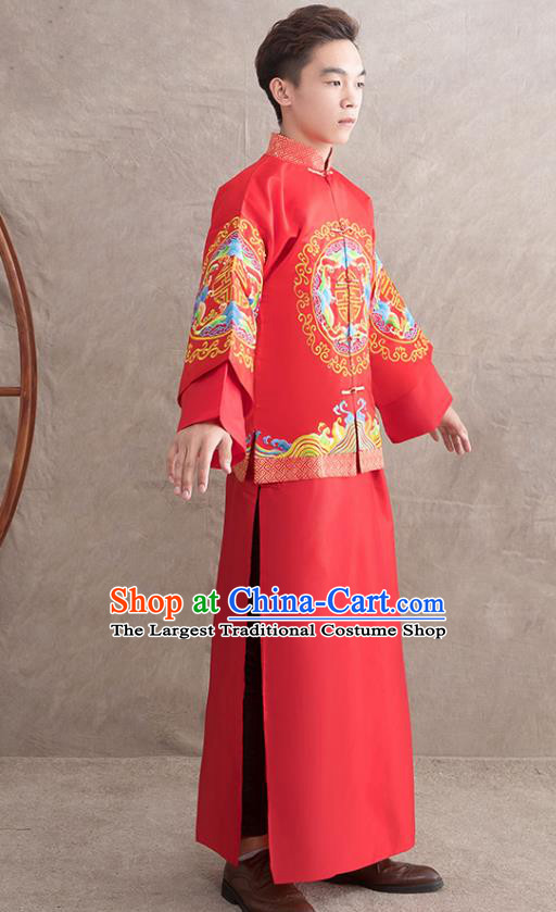 Chinese Ancient Bridegroom Embroidered Peony Red Mandarin Jacket and Gown Traditional Wedding Tang Suit Costumes for Men