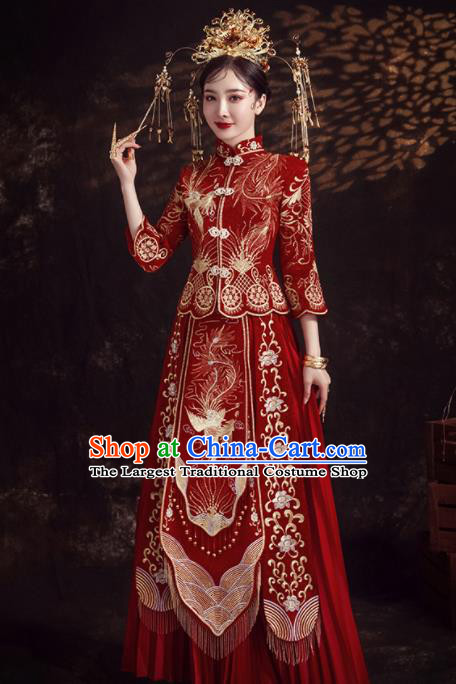Chinese Ancient Bride Embroidered Phoenix Peony Wine Red Xiu He Suit Wedding Costumes Blouse and Dress Traditional Bottom Drawer for Women