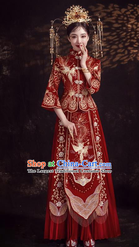 Chinese Ancient Bride Embroidered Phoenix Peony Wine Red Xiu He Suit Wedding Costumes Blouse and Dress Traditional Bottom Drawer for Women