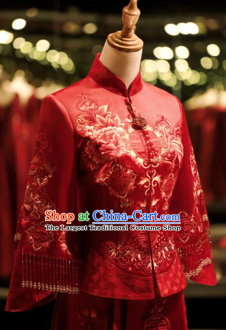 Chinese Ancient Wedding Embroidered Peony Red Blouse and Dress Traditional Bride Xiu He Suit Costumes for Women