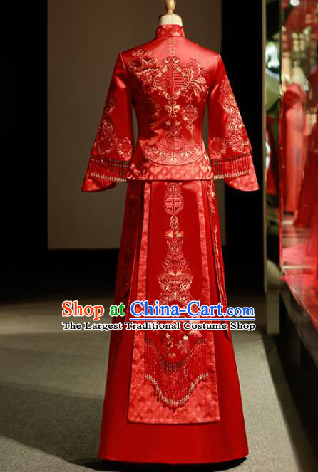 Chinese Ancient Wedding Embroidered Peony Red Blouse and Dress Traditional Bride Xiu He Suit Costumes for Women