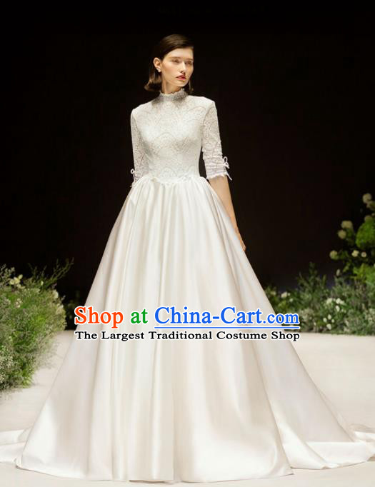 Custom Top Grade White Lace Wedding Dress Bride Satin Full Dress for Women