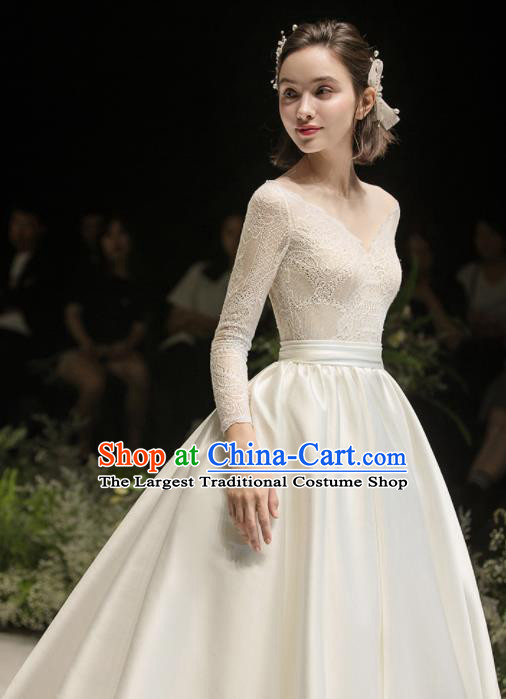 Custom Top Grade White Satin Wedding Dress Bride Trailing Full Dress for Women