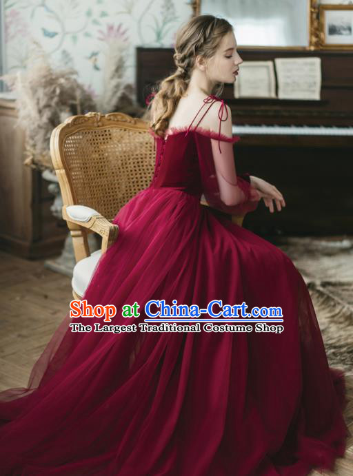 Custom Top Grade Wine Red Veil Wedding Dress Bride Velvet Full Dress for Women
