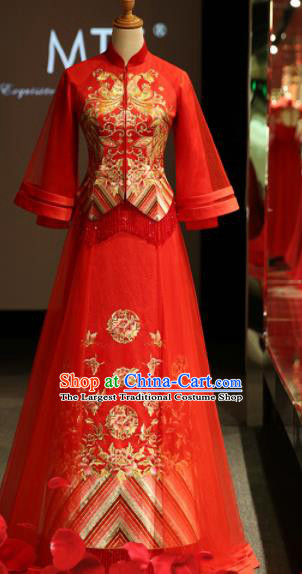 Chinese Ancient Embroidered Peony Wedding Red Blouse and Dress Traditional Bride Xiu He Suit Costumes for Women