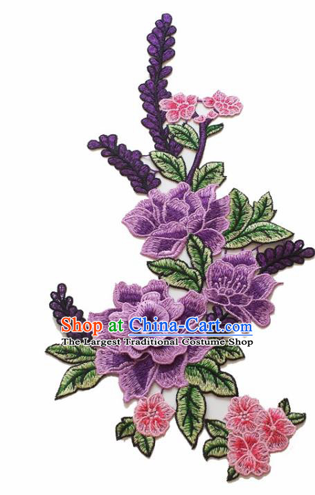 Chinese Traditional Embroidery Purple Peony Applique Embroidered Patches Embroidering Cloth Accessories