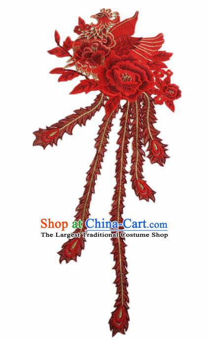 Chinese Traditional Embroidery Red Phoenix Peony Applique Embroidered Patches Embroidering Cloth Accessories