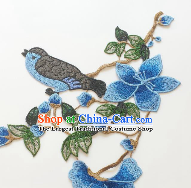 Chinese Traditional Embroidery Mangnolia Bird Blue Applique Embroidered Patches Embroidering Cloth Accessories