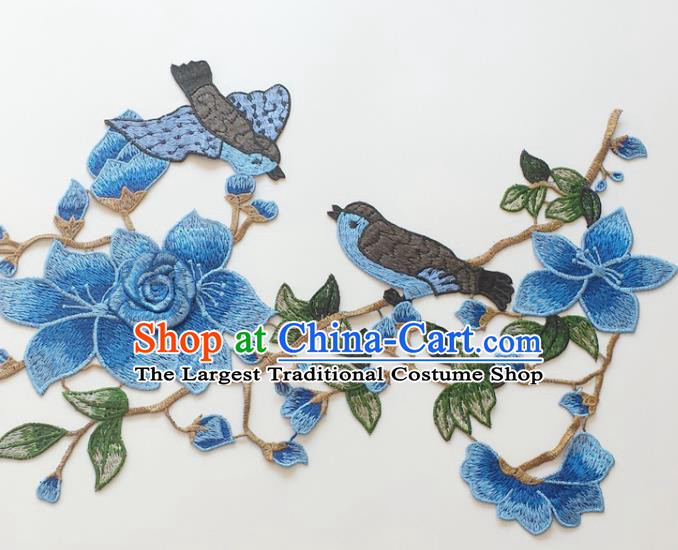 Chinese Traditional Embroidery Birds Blue Mangnolia Applique Embroidered Patches Embroidering Cloth Accessories
