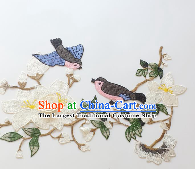 Chinese Traditional Embroidery Birds White Mangnolia Applique Embroidered Patches Embroidering Cloth Accessories