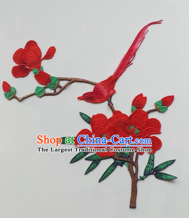 Chinese Traditional Embroidery Red Yulan Magnolia Bird Applique Embroidered Patches Embroidering Cloth Accessories