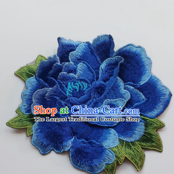 Chinese Traditional Embroidery Royalblue Peony Flowers Applique Embroidered Patches Embroidering Cloth Accessories