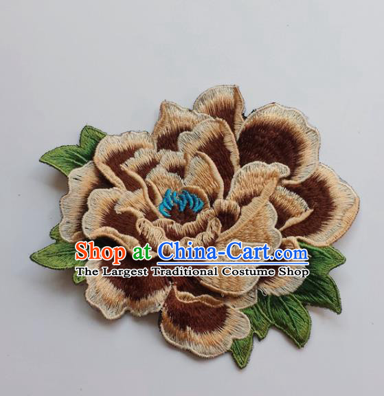 Chinese Traditional Embroidery Brown Peony Flowers Applique Embroidered Patches Embroidering Cloth Accessories
