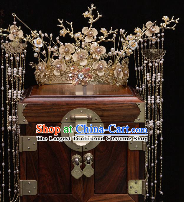 Chinese Ancient Bride Silk Flowers Phoenix Coronet Hairpins Traditional Wedding Xiu He Hair Accessories Complete Set for Women