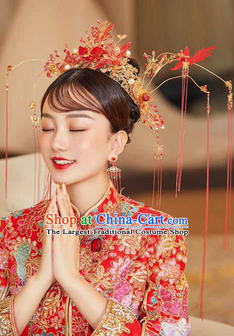 Chinese Ancient Bride Red Butterfly Phoenix Coronet Hairpins Traditional Wedding Xiu He Hair Accessories Complete Set for Women