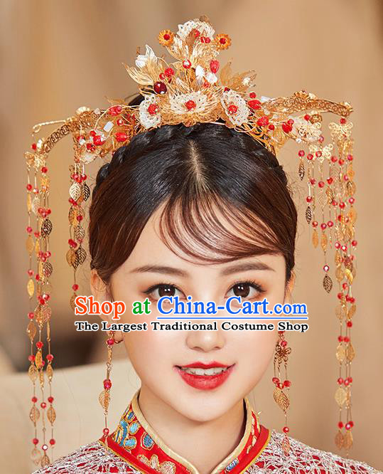 Chinese Ancient Bride Flowers Phoenix Coronet Hairpins Traditional Wedding Xiu He Hair Accessories Complete Set for Women