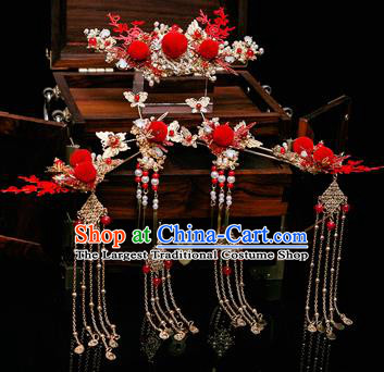 Chinese Ancient Bride Red Venonat Phoenix Coronet Hairpins Traditional Wedding Xiu He Hair Accessories Complete Set for Women