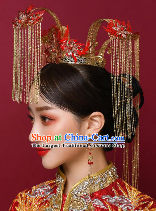 Chinese Ancient Bride Red Phoenix Coronet Hairpins Traditional Wedding Xiu He Hair Accessories Complete Set for Women