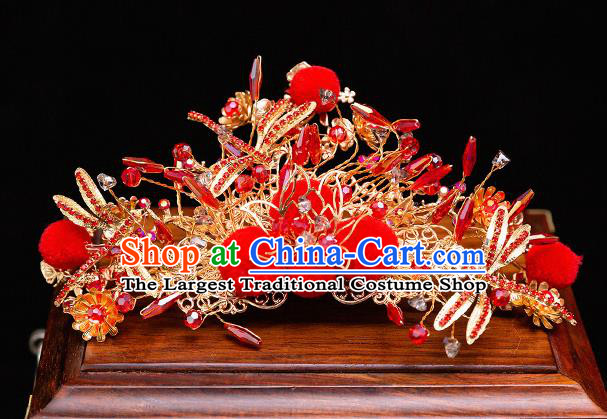 Chinese Ancient Bride Red Venonat Hair Crown Hairpins Traditional Wedding Xiu He Hair Accessories Complete Set for Women