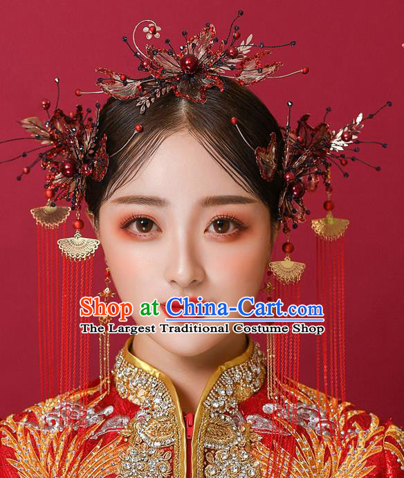 Chinese Ancient Bride Hair Comb Tassel Hairpins Traditional Wedding Xiu He Hair Accessories Complete Set for Women