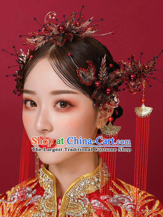 Chinese Ancient Bride Hair Comb Tassel Hairpins Traditional Wedding Xiu He Hair Accessories Complete Set for Women