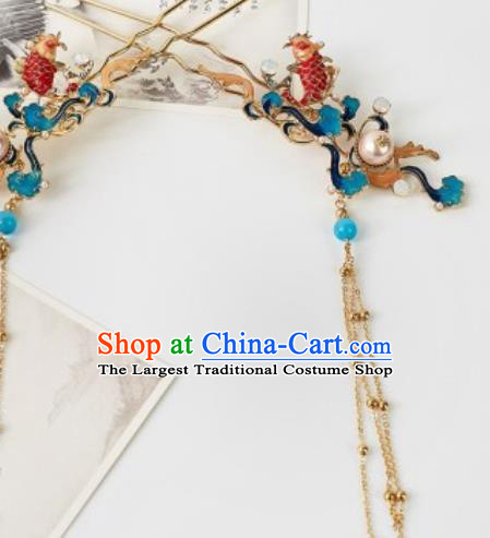 Chinese Ancient Bride Red Carp Tassel Hair Clip Traditional Wedding Xiu He Hairpins Hair Accessories for Women