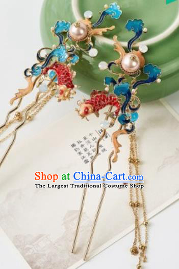 Chinese Ancient Bride Red Carp Tassel Hair Clip Traditional Wedding Xiu He Hairpins Hair Accessories for Women