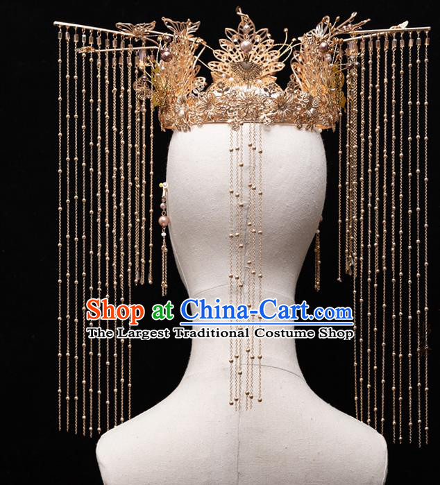 Chinese Ancient Bride Golden Tassel Phoenix Coronet Hairpins Traditional Wedding Xiu He Hair Accessories Complete Set for Women