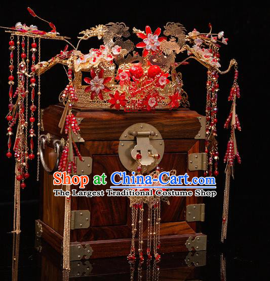 Chinese Ancient Bride Red Flowers Tassel Phoenix Coronet Hairpins Traditional Wedding Xiu He Hair Accessories Complete Set for Women