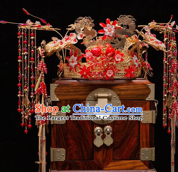 Chinese Ancient Bride Red Flowers Tassel Phoenix Coronet Hairpins Traditional Wedding Xiu He Hair Accessories Complete Set for Women