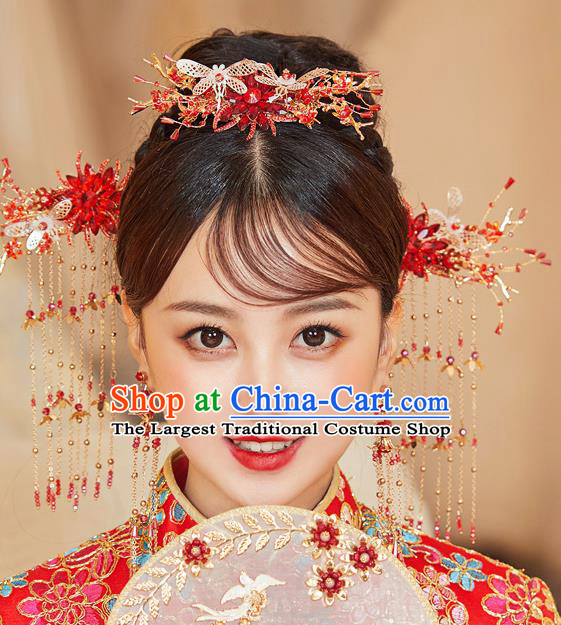 Chinese Ancient Bride Dragonfly Hair Comb Hairpins Traditional Wedding Xiu He Hair Accessories Complete Set for Women