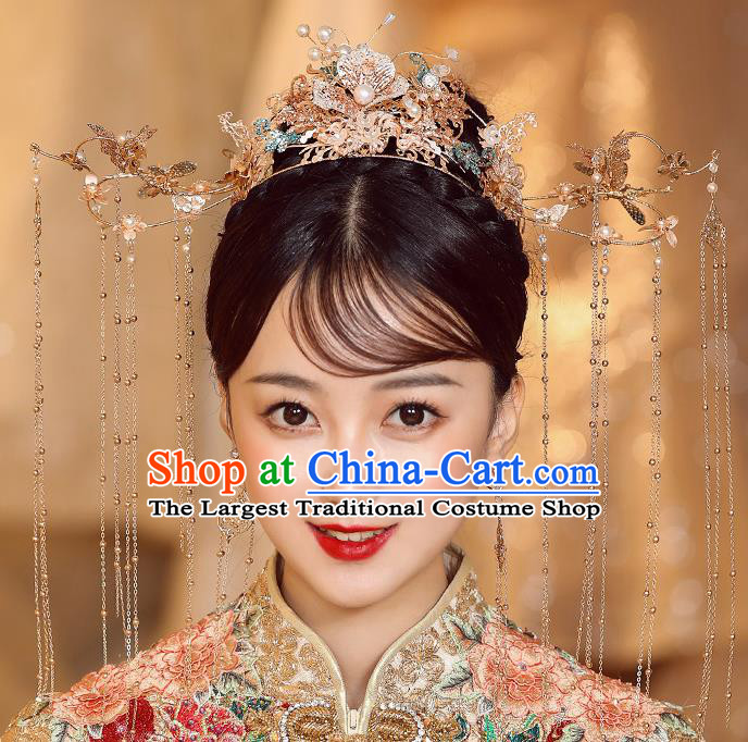 Chinese Ancient Bride Phoenix Coronet Tassel Hairpins Traditional Wedding Xiu He Hair Accessories Complete Set for Women