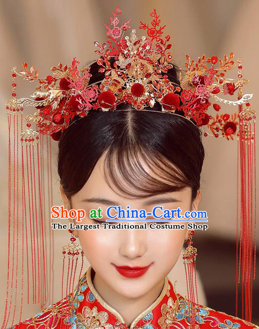 Chinese Ancient Bride Red Plum Phoenix Coronet Tassel Hairpins Traditional Wedding Xiu He Hair Accessories Complete Set for Women