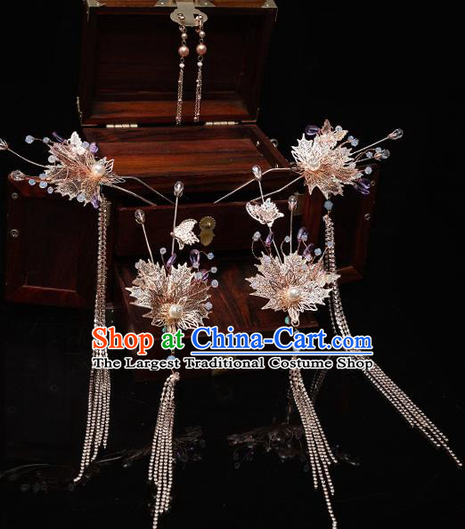 Chinese Ancient Bride Golden Leaf Tassel Hairpins Traditional Wedding Xiu He Hair Accessories Complete Set for Women