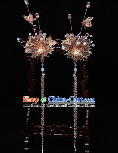 Chinese Ancient Bride Golden Leaf Tassel Hairpins Traditional Wedding Xiu He Hair Accessories Complete Set for Women