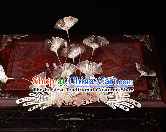 Chinese Ancient Bride Ginkgo Leaf Hair Crown Tassel Hairpins Traditional Wedding Xiu He Hair Accessories Complete Set for Women